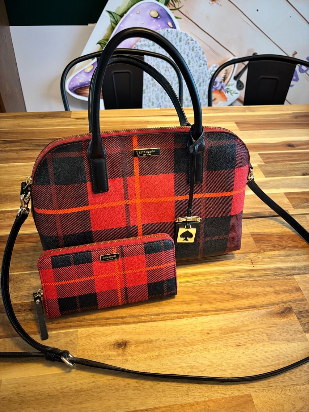 Kate Spade Red and Black Plaid Dome Satchel with Matching Wallet